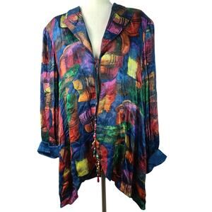 Dorothy Schoelen Platinum Blue Green Yellow BOHO Beads Jacket Top Overshirt L